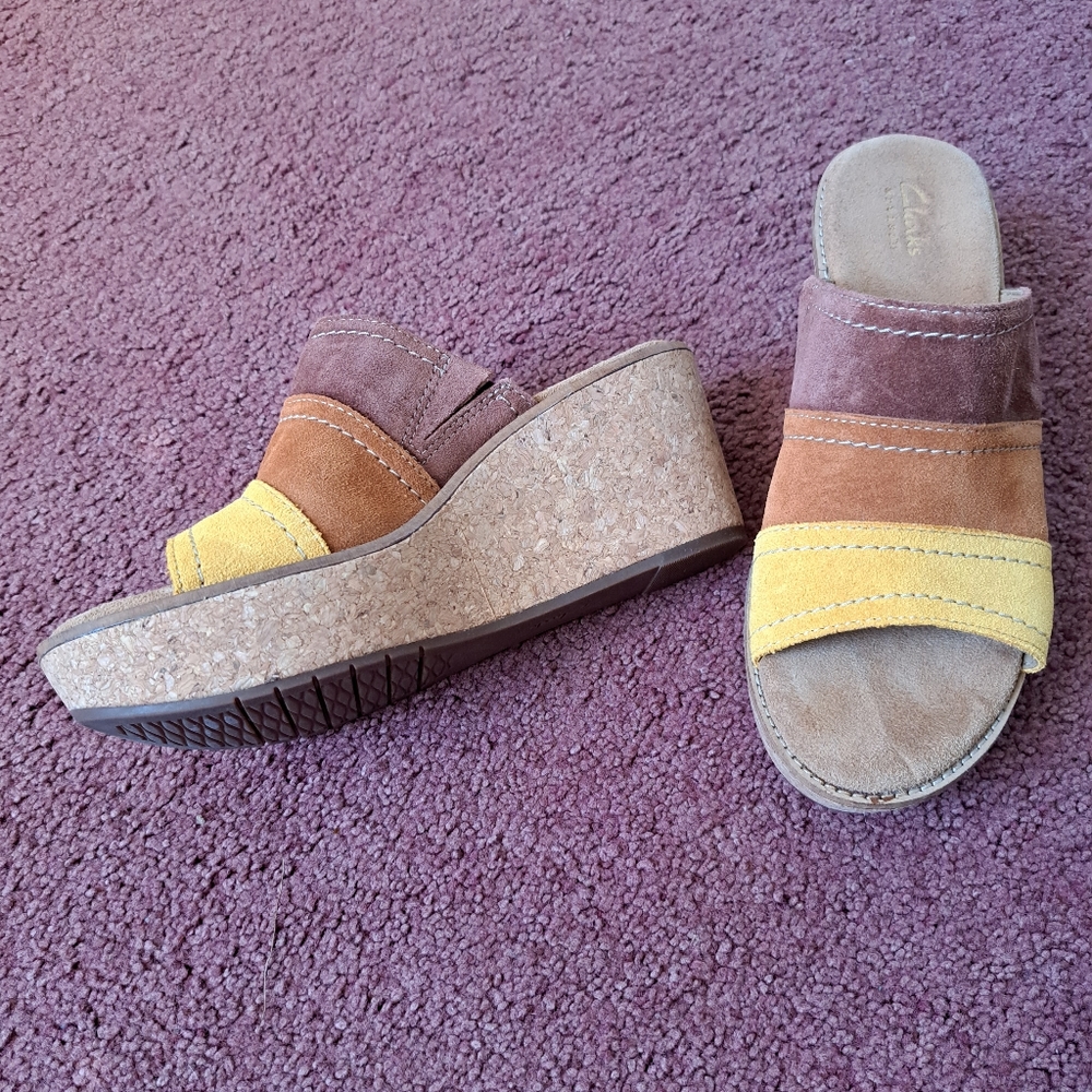 Clarks Suede Cork Wedge Heeled Sandals Size 8
